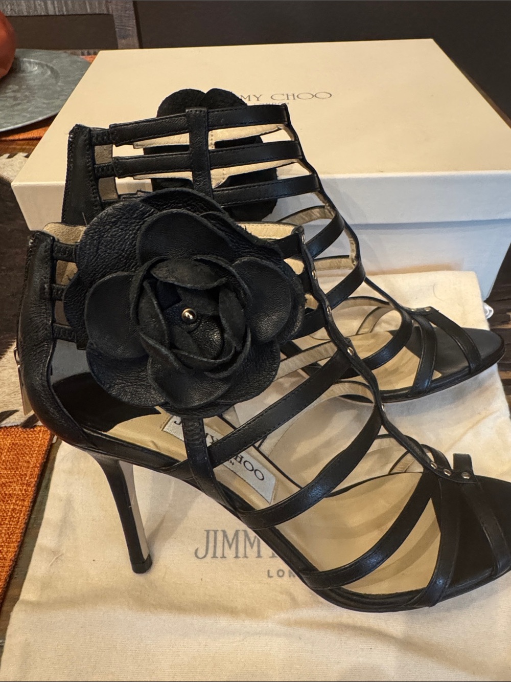 Jimmy Choo Black Strappy Floral High-Heel Sandals Size 37/7